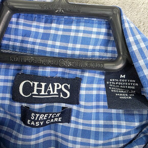 Mens Blue Plaid Chaps Shirt Long Sleeve Button Down Stretch Cotton Blend Size M - Picture 4 of 8